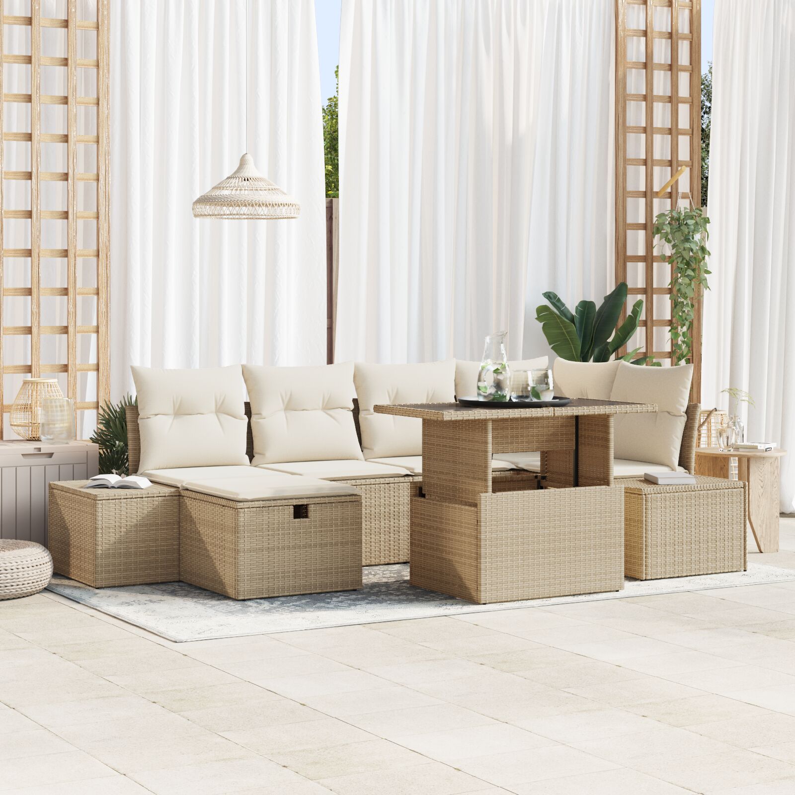 7-teiliges Garten Sofa Set mit Kissen Beige Poly Rattan 7-teiliges Garten Sofa Set mit Kissen Beige Poly Rattan