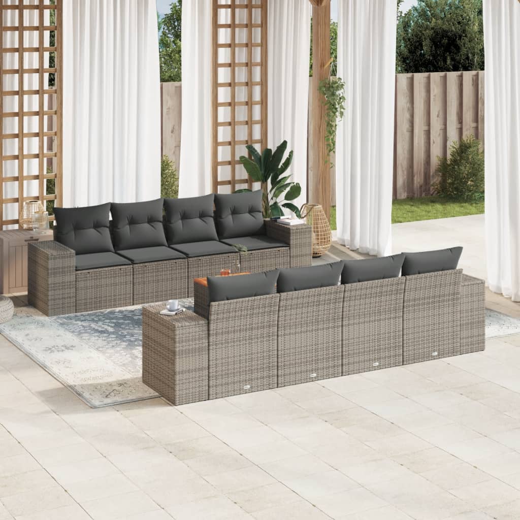9-tlg. Garten-Sofagarnitur mit Kissen Grau Poly Rattan