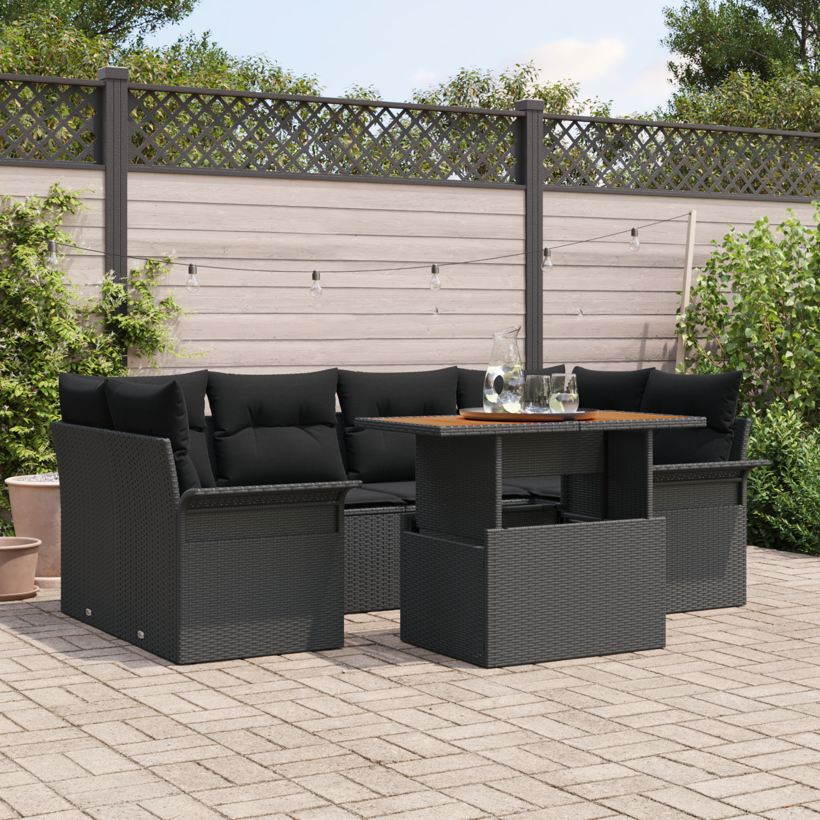 7-teiliges Garten-Sofa-Set mit Kissen Schwarz Poly Rattan 7-teiliges Garten-Sofa-Set mit Kissen Schwarz Poly Rattan