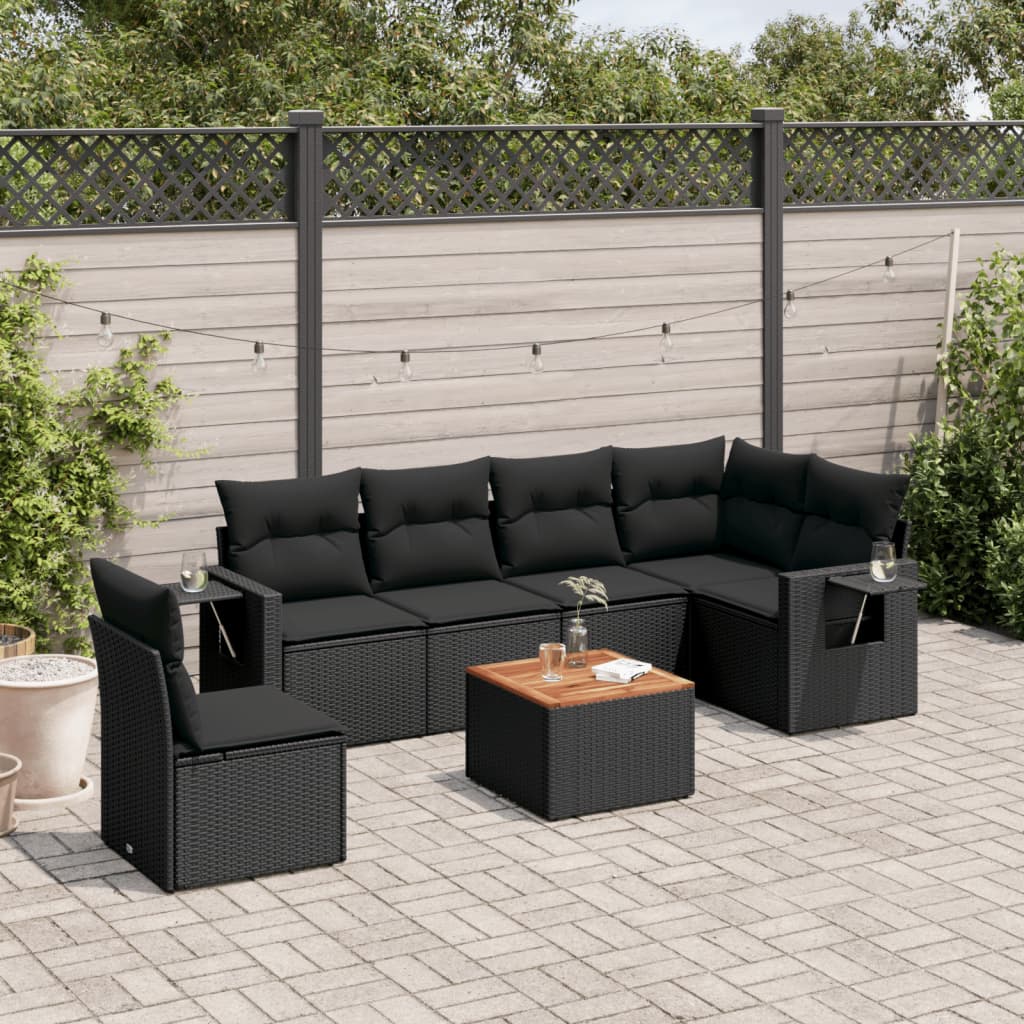 7-tlg. Garten-Sofagarnitur mit Kissen Schwarz Poly Rattan 7-tlg. Garten-Sofagarnitur mit Kissen Schwarz Poly Rattan