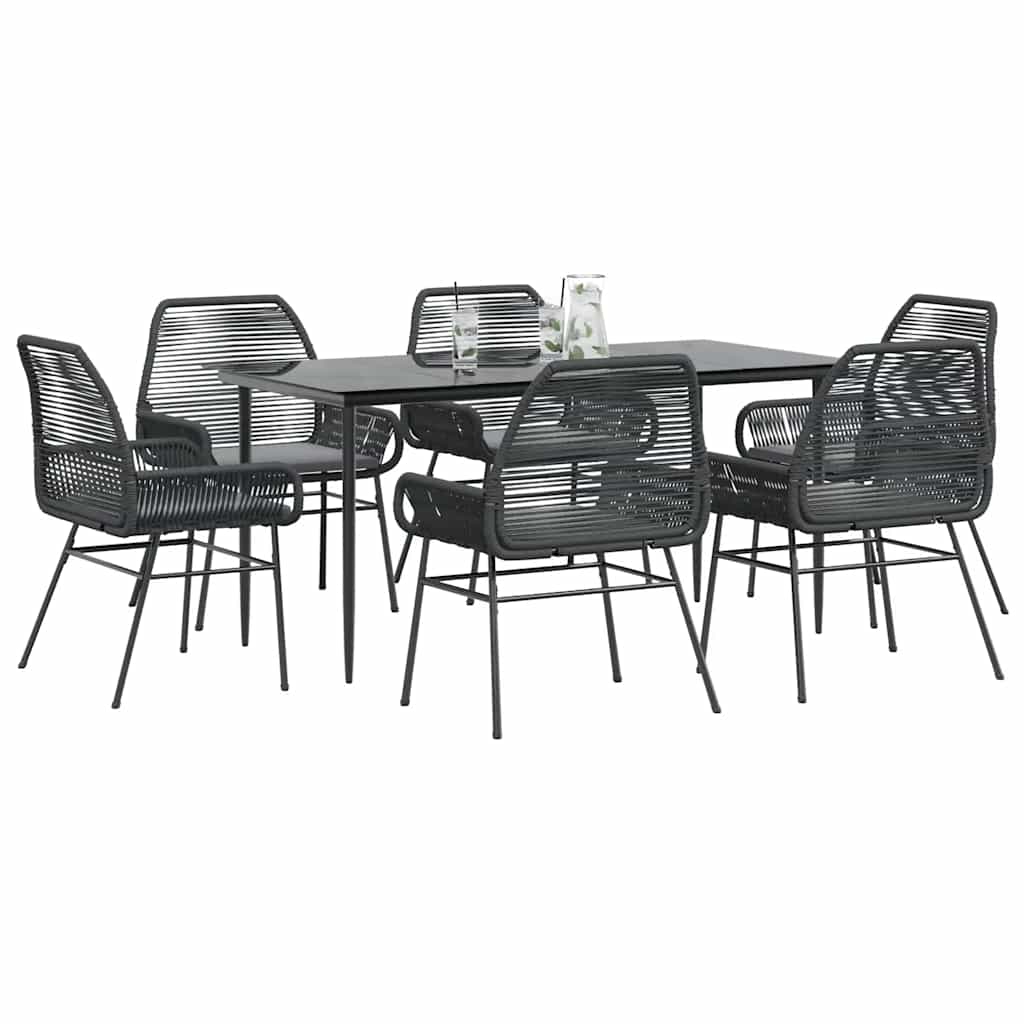 vidaXL 7-tlg. Garten-Essgruppe mit Kissen Schwarz Poly Rattan Glas