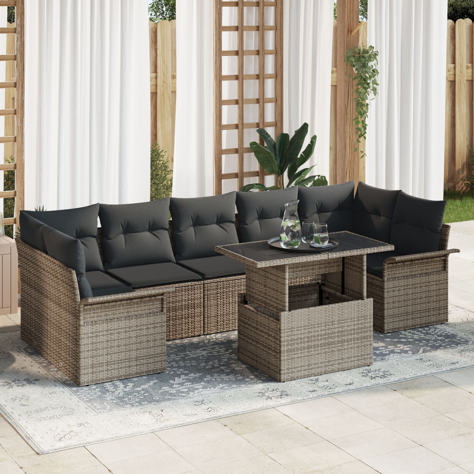 8-teiliges Garten Sofa Set mit Kissen Grau Poly Rattan