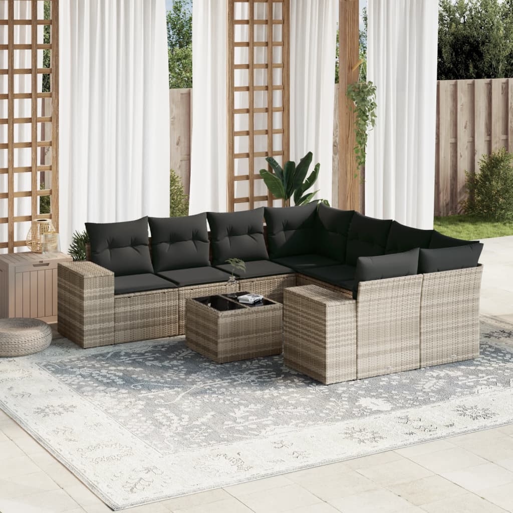 9-tlg. Garten-Sofagarnitur mit Kissen Hellgrau Poly Rattan 9-tlg. Garten-Sofagarnitur mit Kissen Hellgrau Poly Rattan