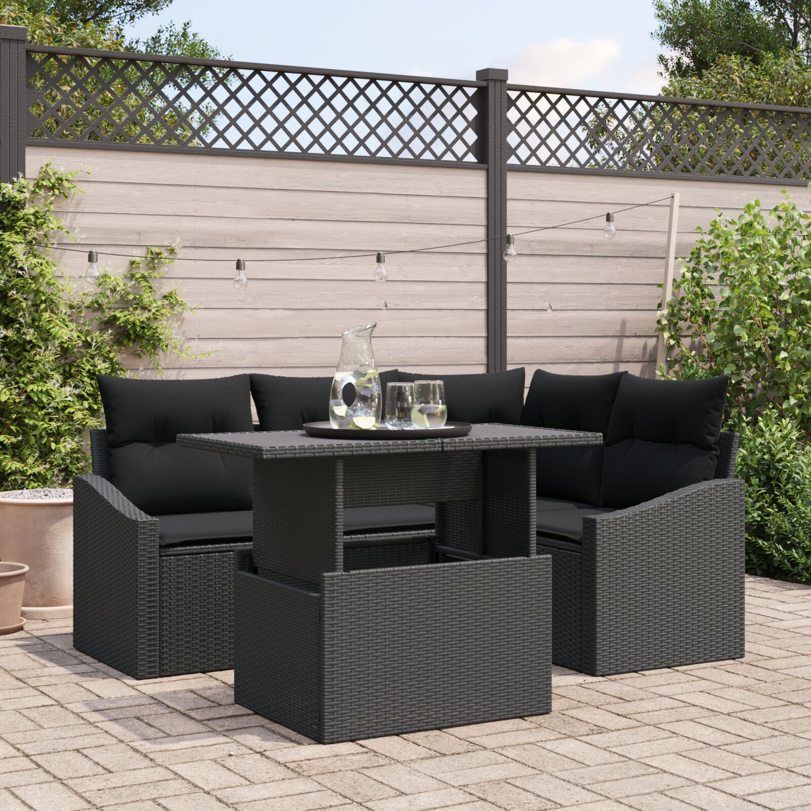 5-teiliges Garten Sofa Set mit Kissen Schwarz Poly Rattan