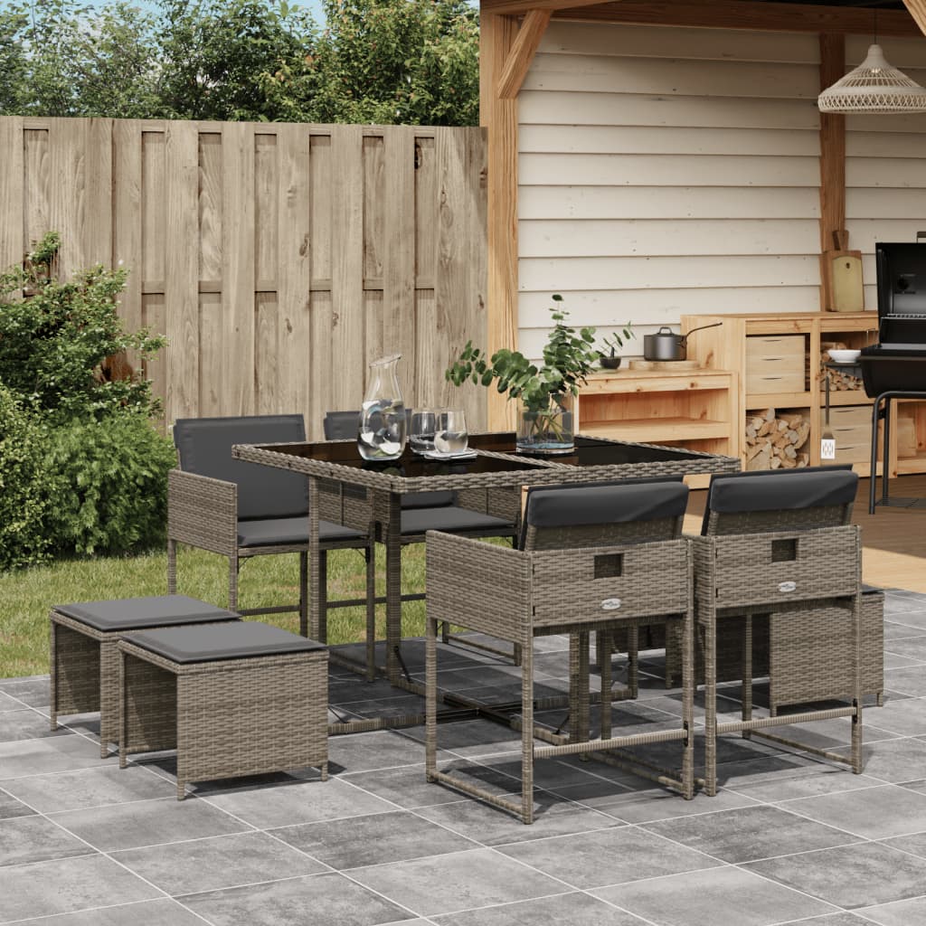 9-tlg. Garten-Essgruppe mit Kissen Grau Poly Rattan 9-tlg. Garten-Essgruppe mit Kissen Grau Poly Rattan