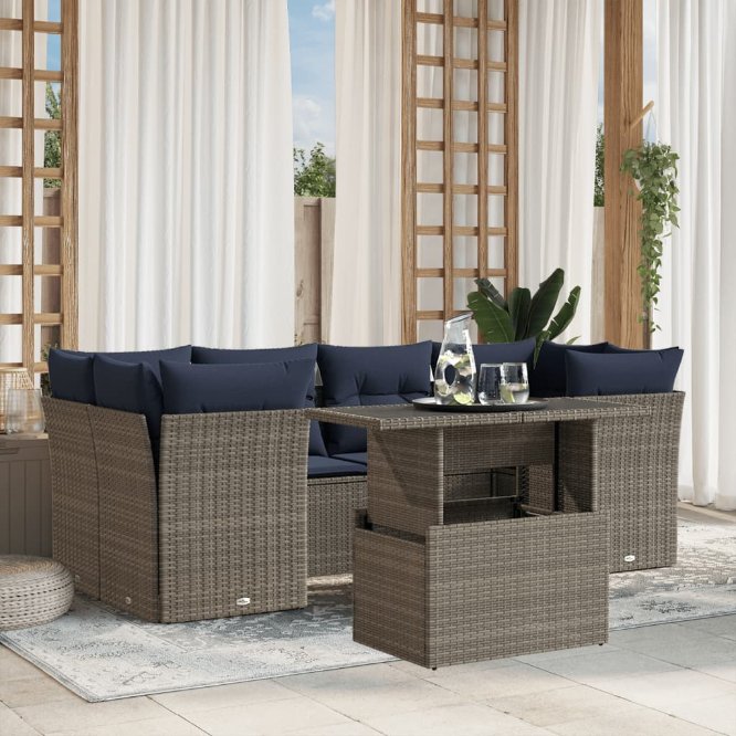 7-teiliges Gartensofa-Set mit Kissen, grau, Polyrattan