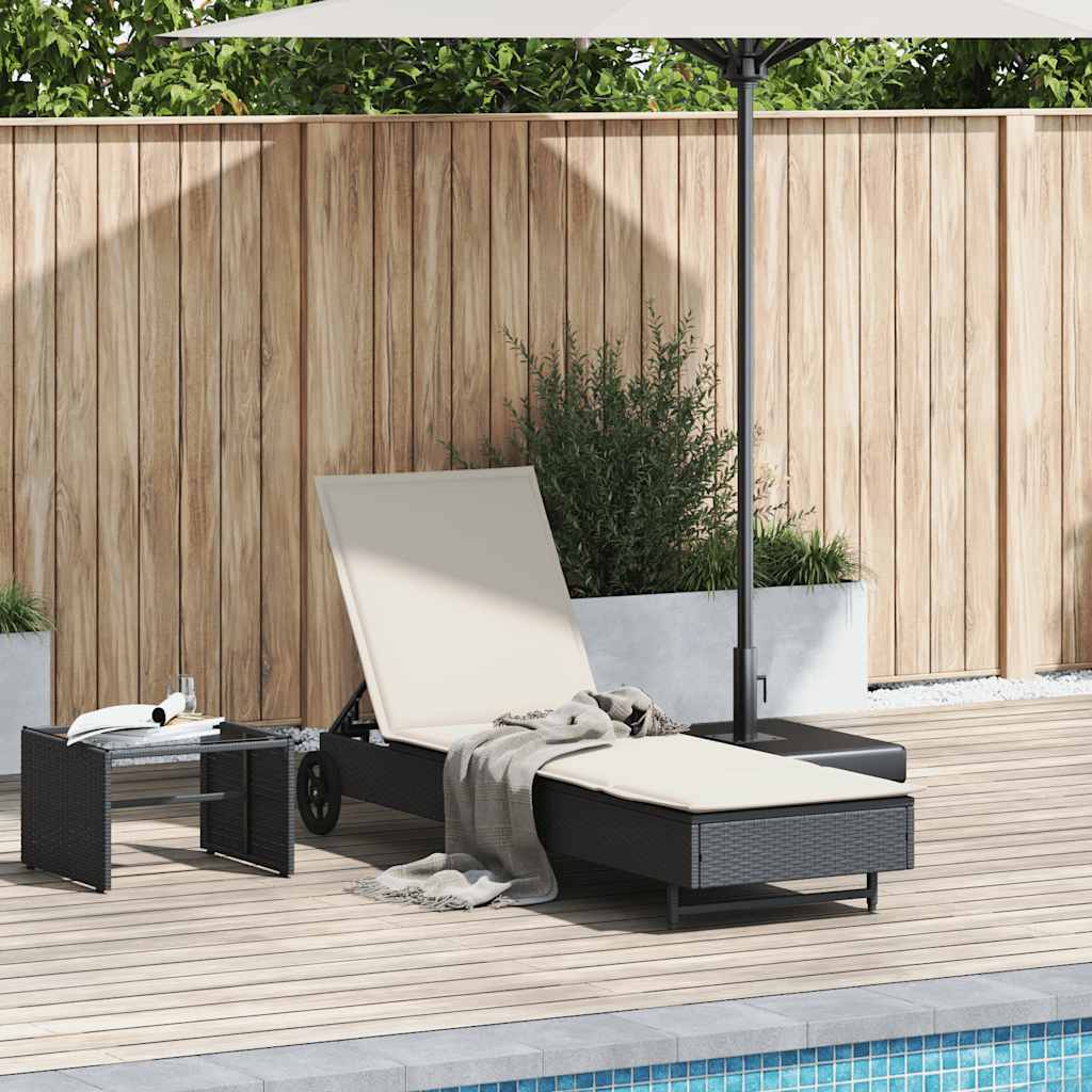 Sonnenliege mit Rollen und Auflage Schwarz Poly Rattan Sonnenliege mit Rollen und Auflage Schwarz Poly Rattan