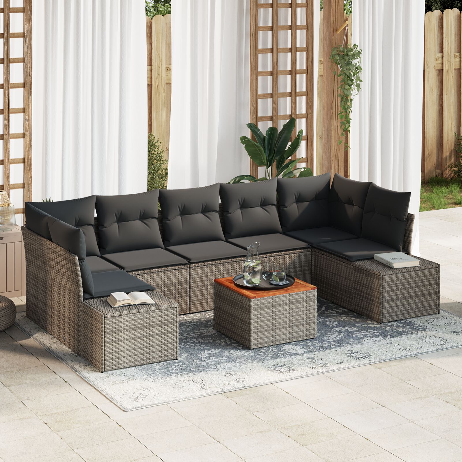 8-teiliges Garten Sofa Set mit Kissen Grau Poly Rattan Akazie