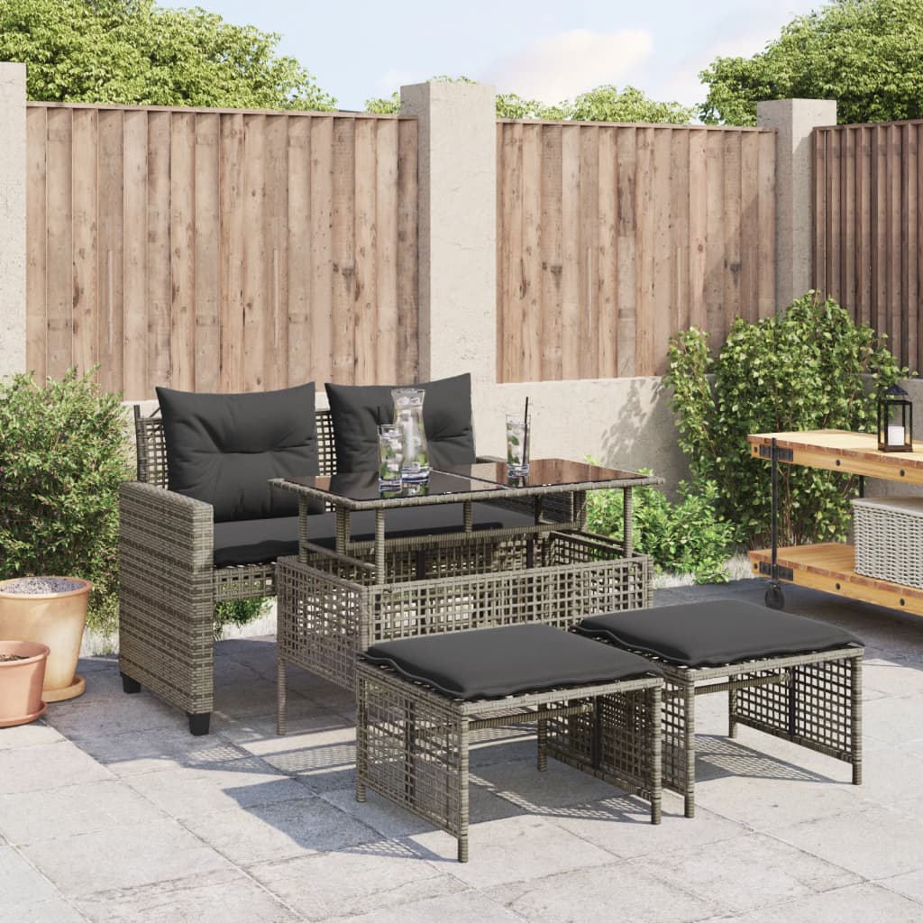 4-tlg. Garten-Sofagarnitur mit Kissen Grau Poly Rattan Glas 4-tlg. Garten-Sofagarnitur mit Kissen Grau Poly Rattan Glas