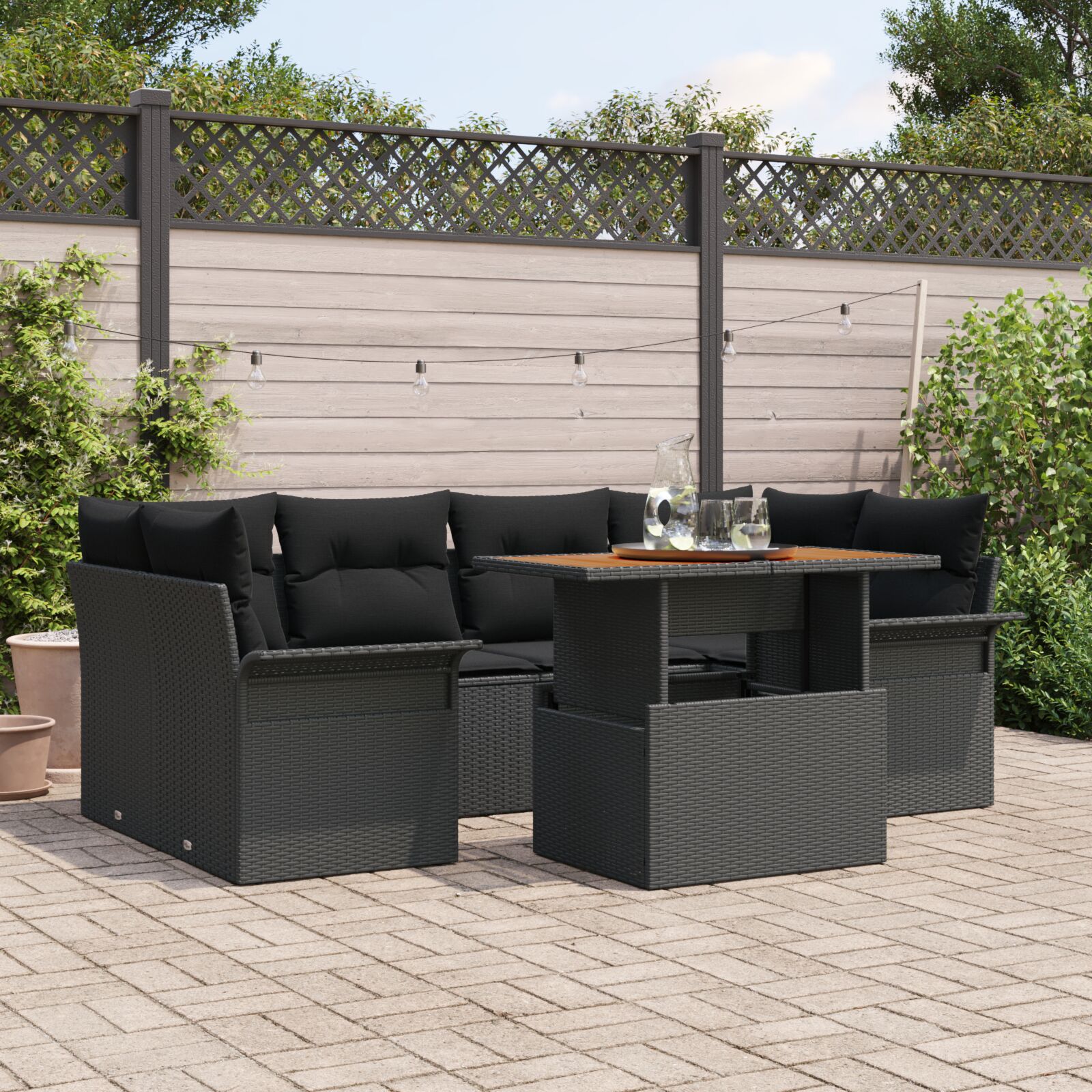 7-teiliges Garten-Sofa-Set mit Kissen Schwarz Poly Rattan Akazie