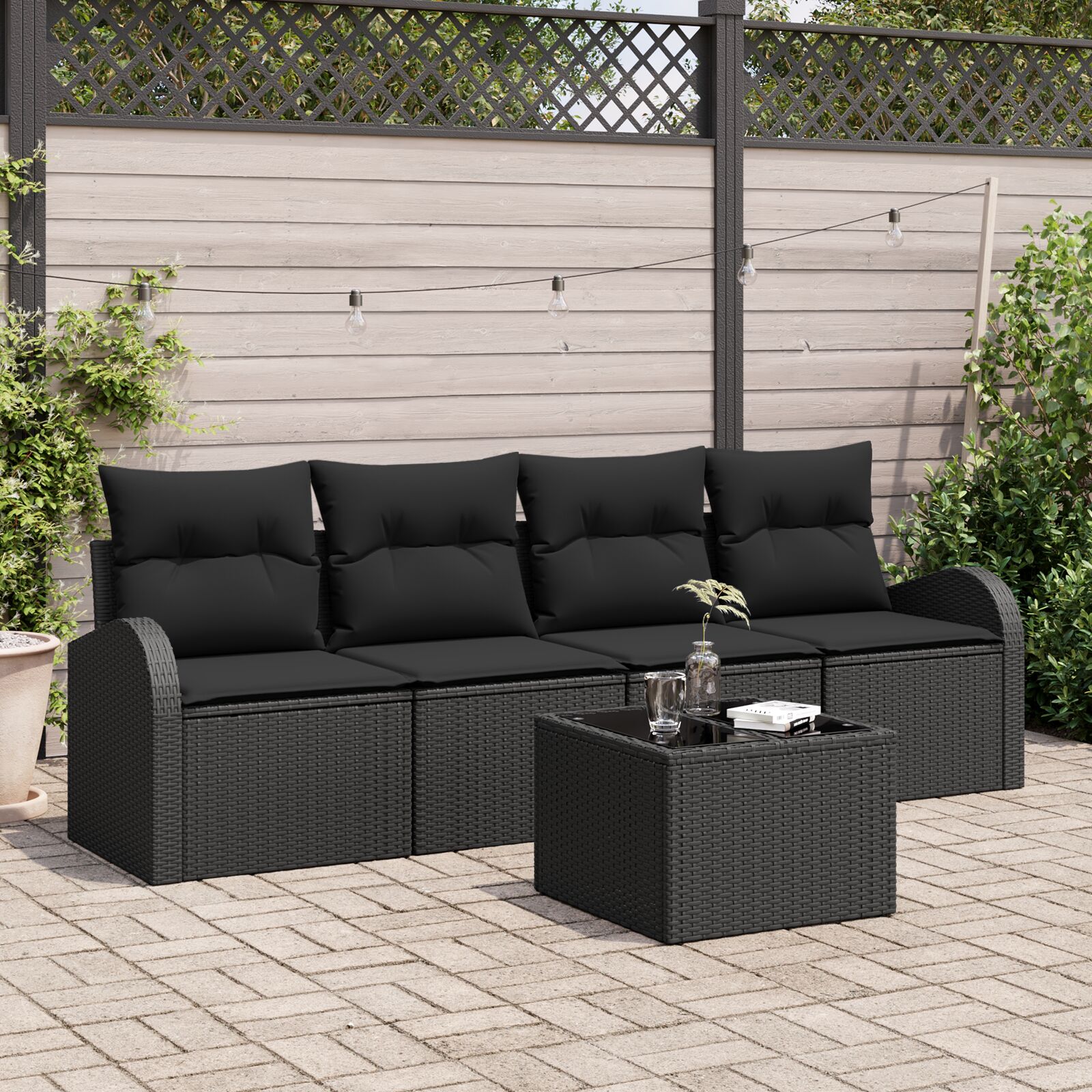 5-teiliges Garten Sofa Set mit Kissen Schwarz Poly Rattan 5-teiliges Garten Sofa Set mit Kissen Schwarz Poly Rattan
