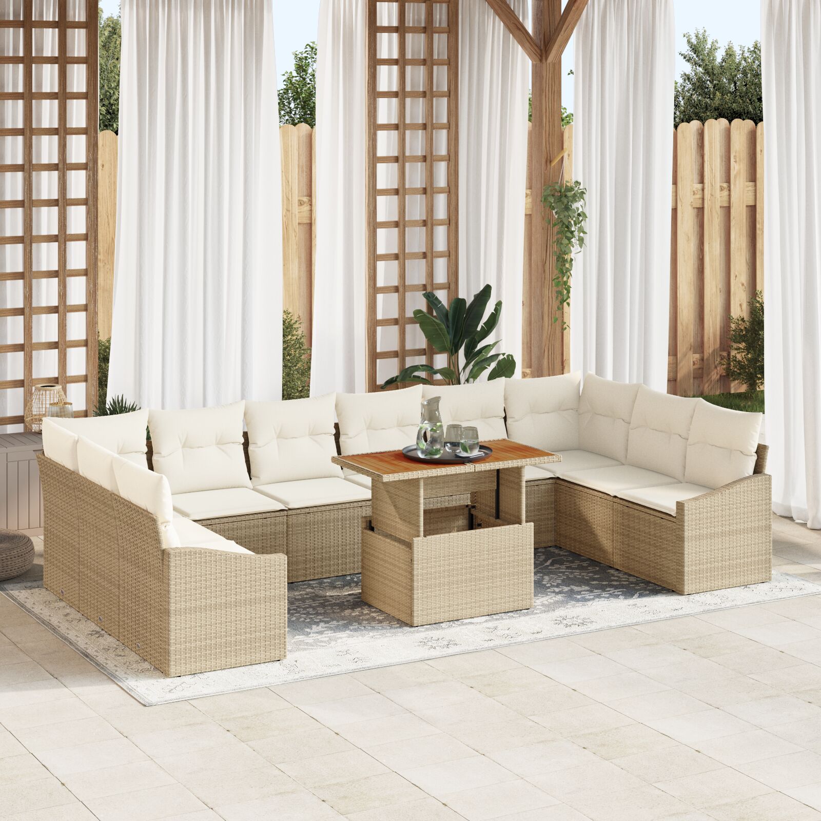 11-teiliges Garten Essgruppen-Set mit Kissen Beige Poly Rattan Akazie 11-teiliges Garten Essgruppen-Set mit Kissen Beige Poly Rattan Akazie