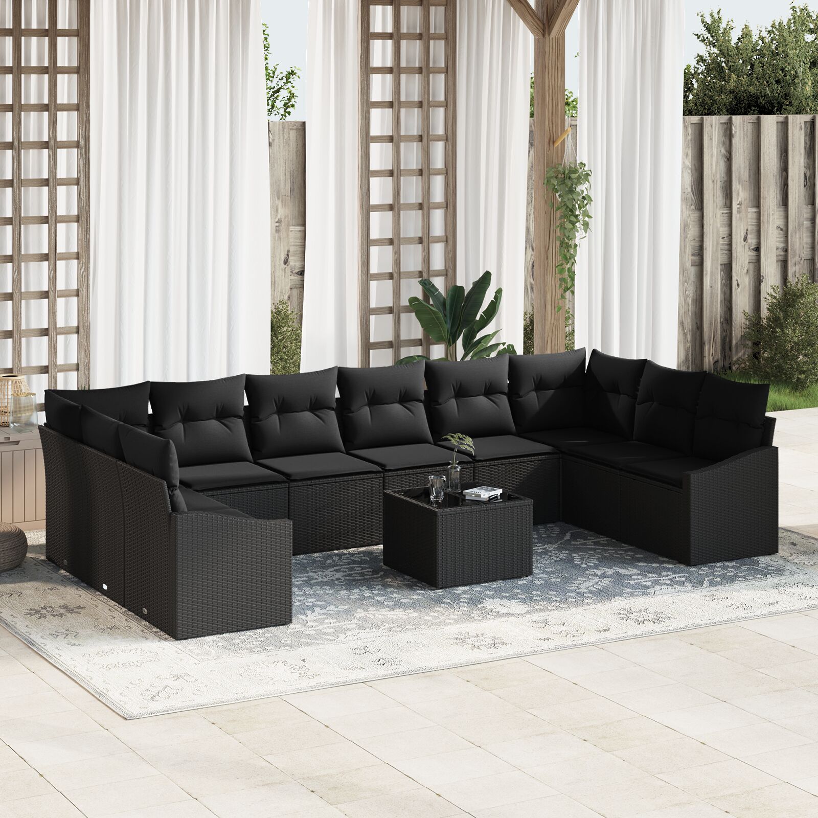 11-teiliges Gartensofa-Set mit Kissen Beige Poly Rattan