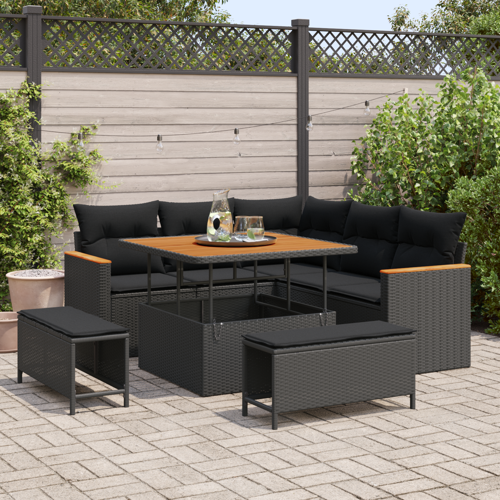 8-teiliges Garten-Sofaset mit Kissen Schwarz Poly Rattan Akazie