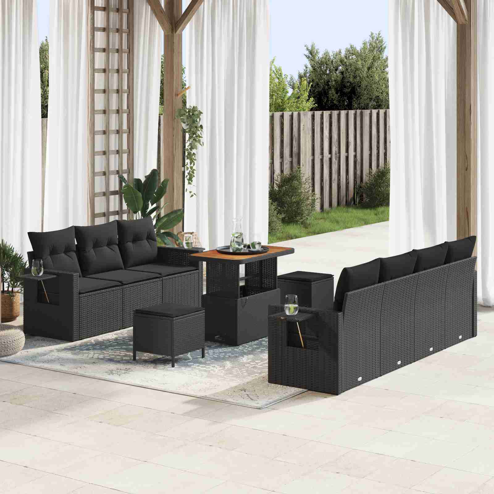 10-teiliges Garten Sofa Set mit Kissen Schwarz Poly Rattan Akazie