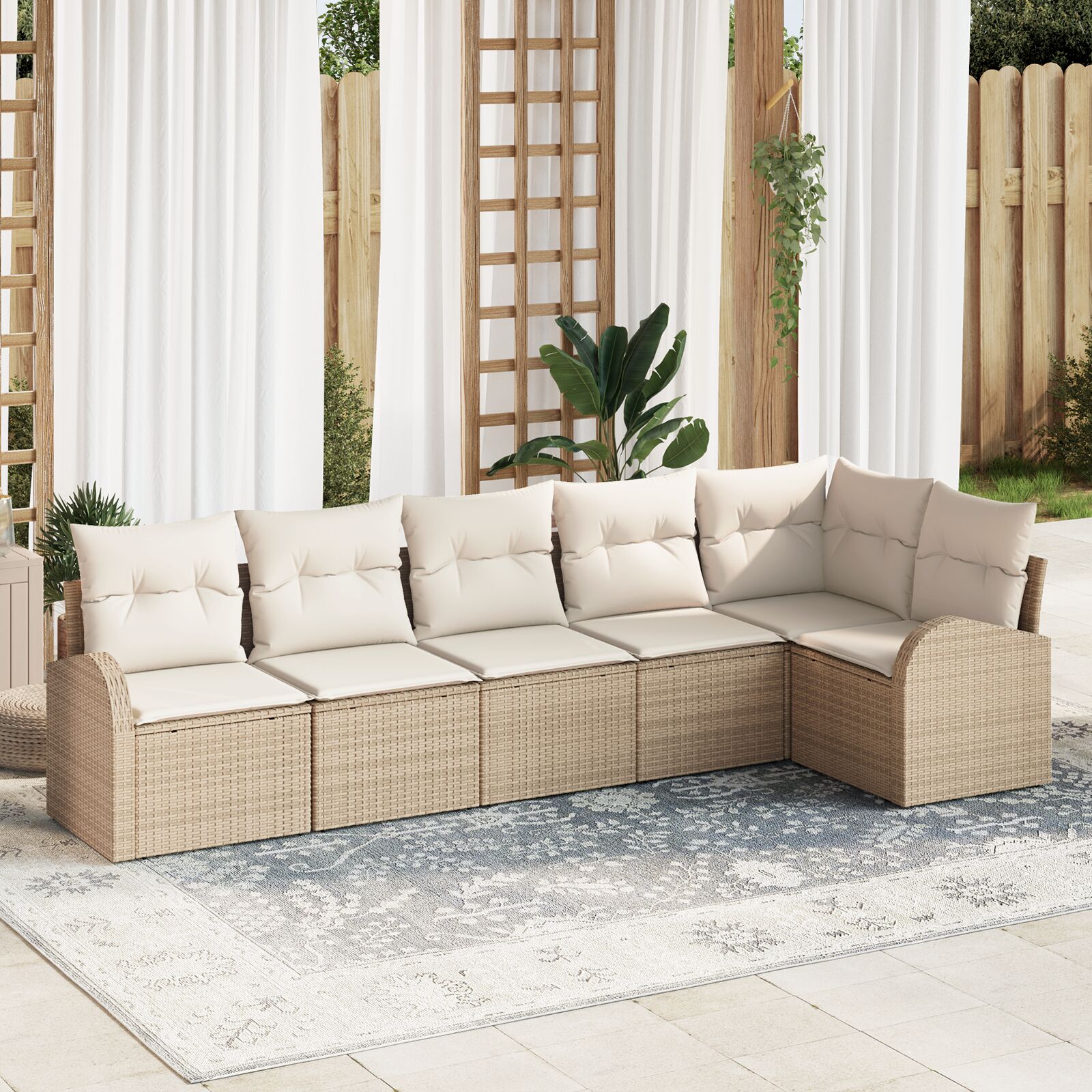 6-teiliges Garten-Sofa-Set mit Kissen Beige Poly Rattan 6-teiliges Garten-Sofa-Set mit Kissen Beige Poly Rattan