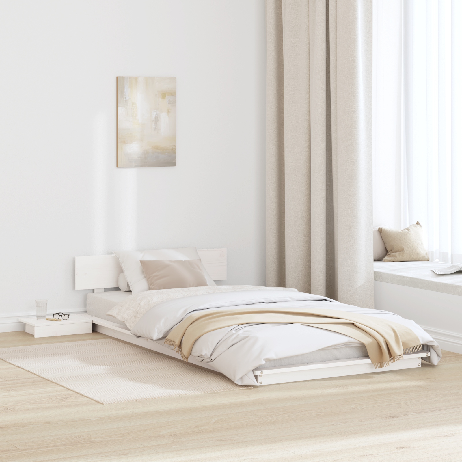 Bodenbettgestell mit Nachttischen Weiß 90x200cm Massivholz