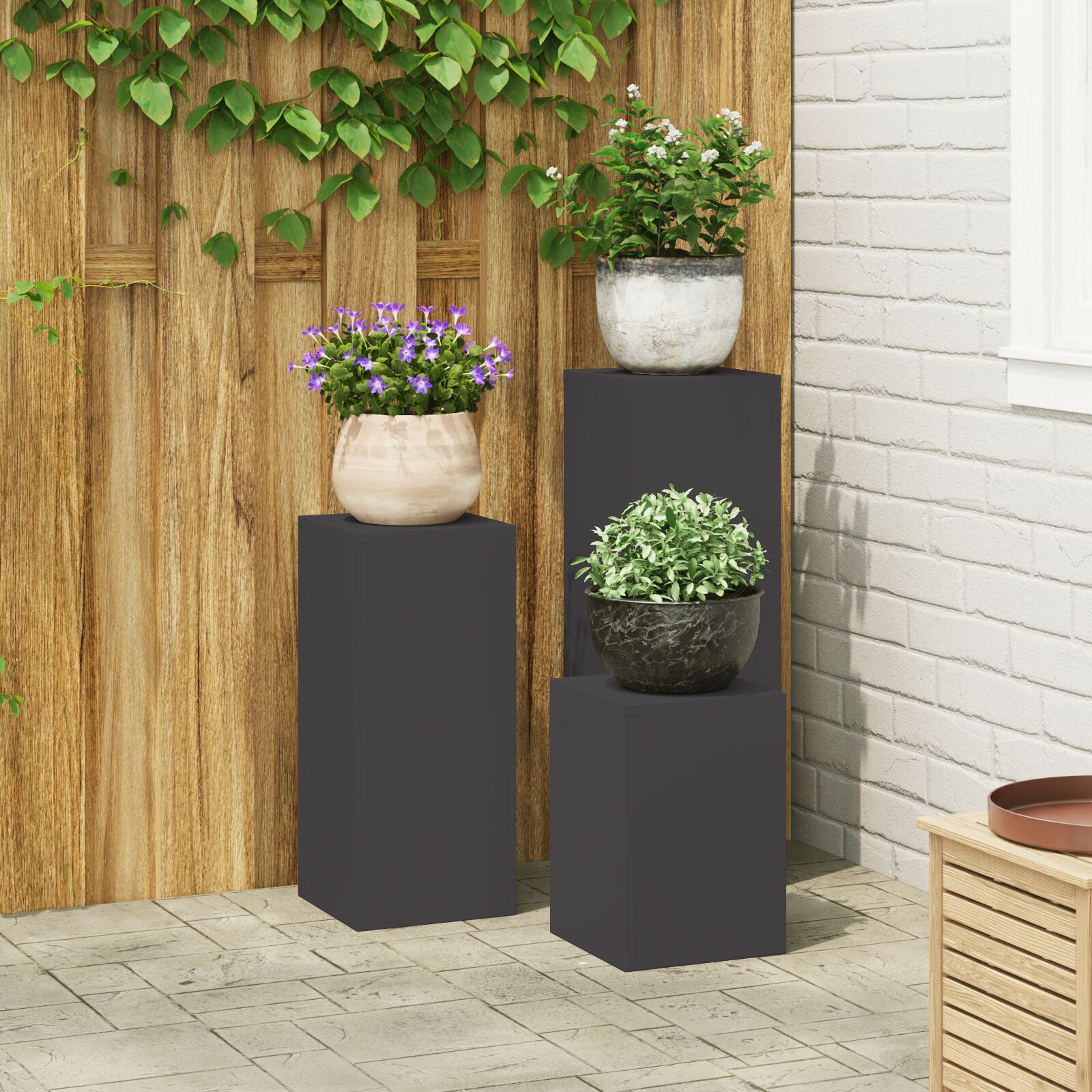 vidaXL Outdoor Pflanzenständer Säule 3er Set Schwarz Stahl