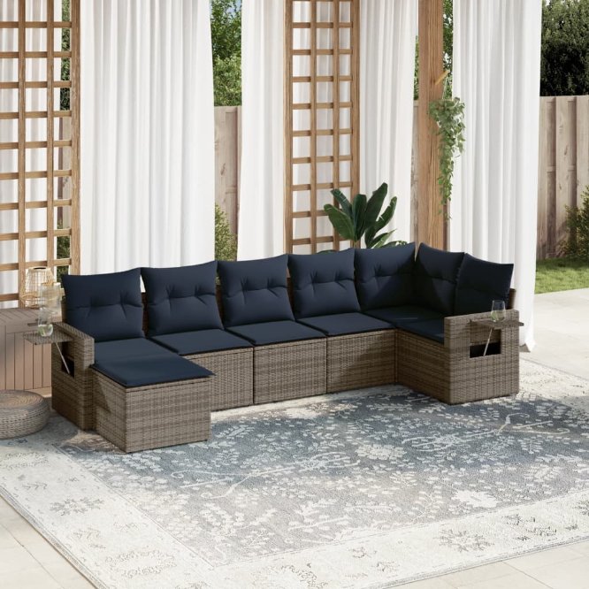 7-teiliges Gartensofa-Set mit Kissen, grau, Polyrattan 7-teiliges Gartensofa-Set mit Kissen, grau, Polyrattan
