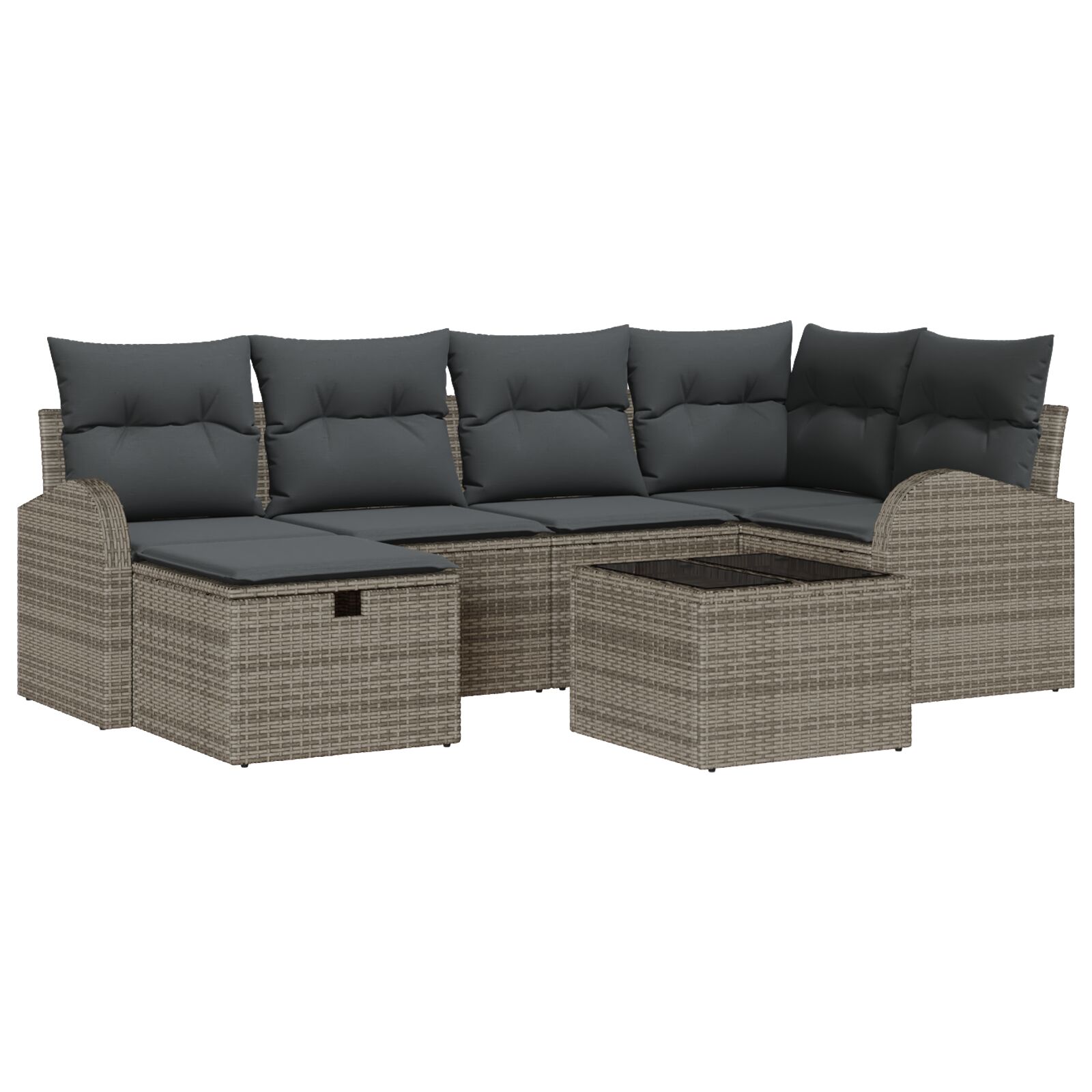 7-teiliges Garten Sofa Set mit Kissen Grau Poly Rattan, 2-Sitzer Garten Sofa mit Stauraum & Kissen Grau Poly Rattan