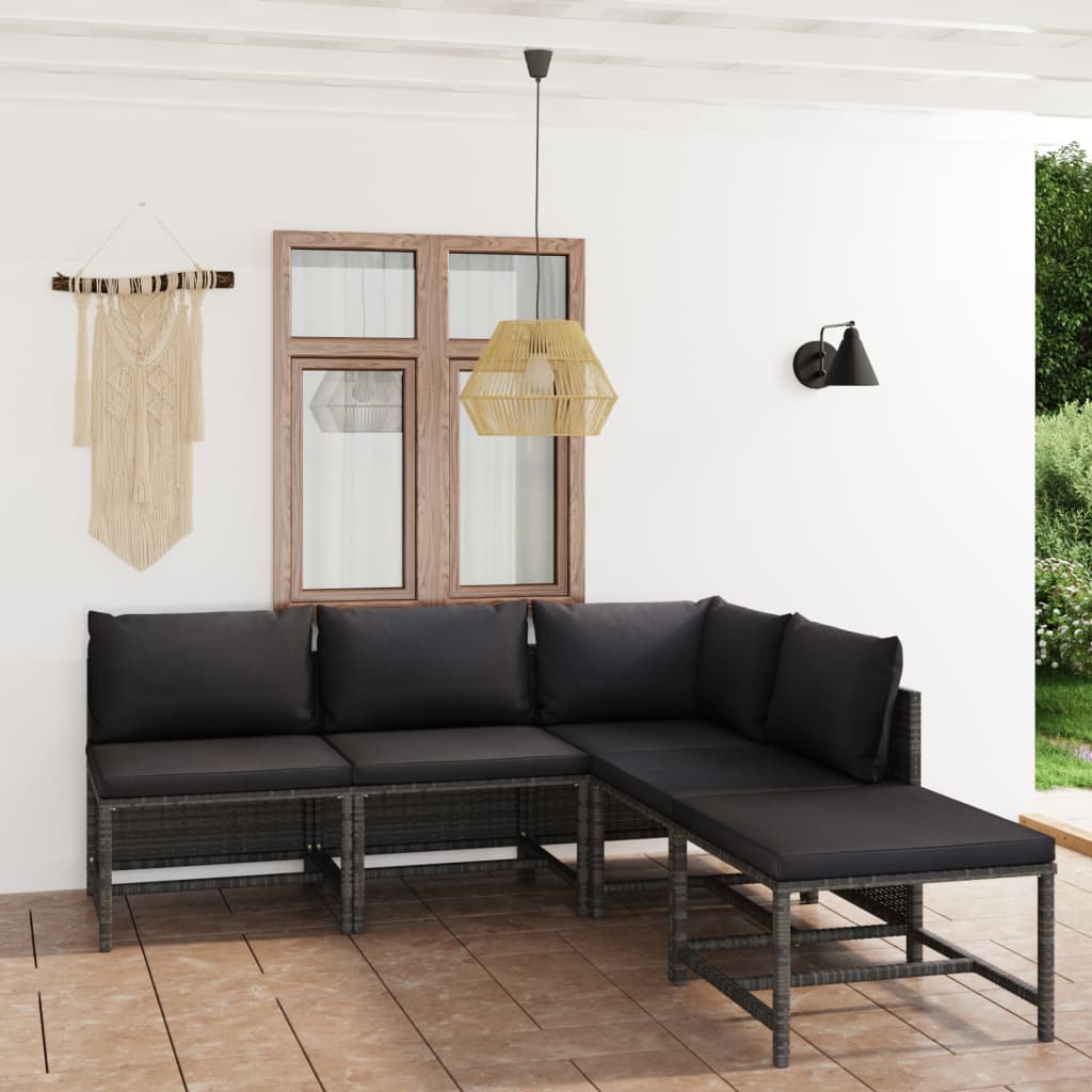 5-tlg. Garten-Lounge-Set mit Kissen Poly Rattan Grau 5-tlg. Garten-Lounge-Set mit Kissen Poly Rattan Grau