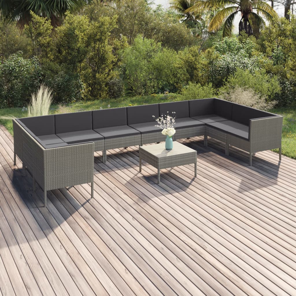 11-tlg. Garten-Lounge-Set mit Auflagen Poly Rattan Grau 11-tlg. Garten-Lounge-Set mit Auflagen Poly Rattan Grau