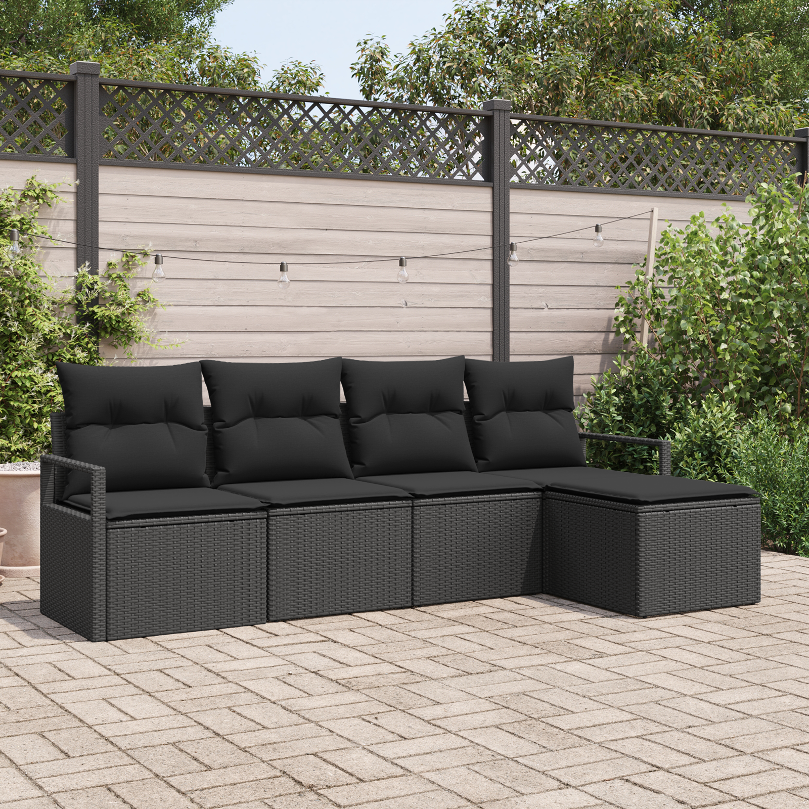 5-teiliges Garten Sofa Set mit Kissen Schwarz Poly Rattan