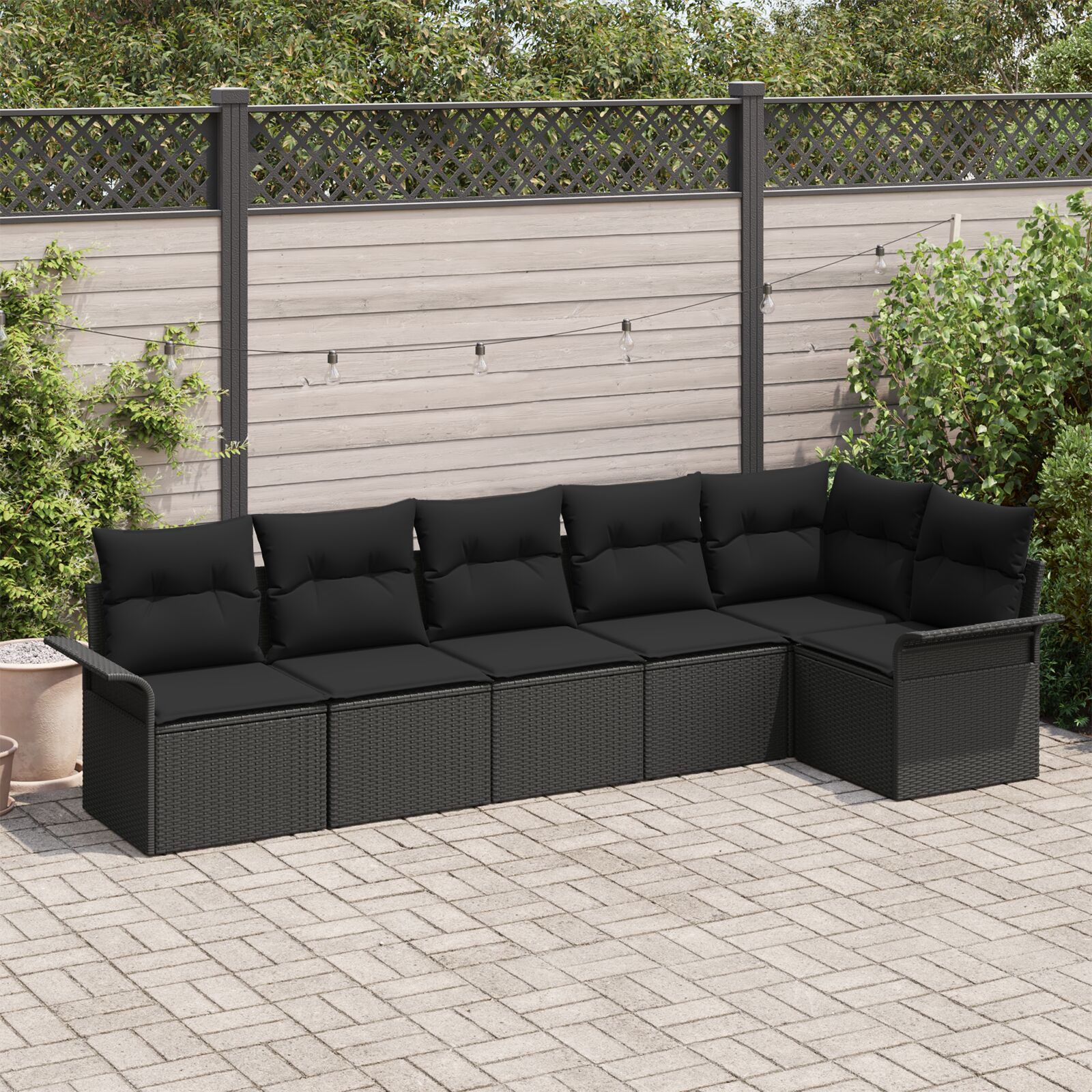 6-Teiliges Garten Sofa Set mit Kissen Schwarz Poly Rattan