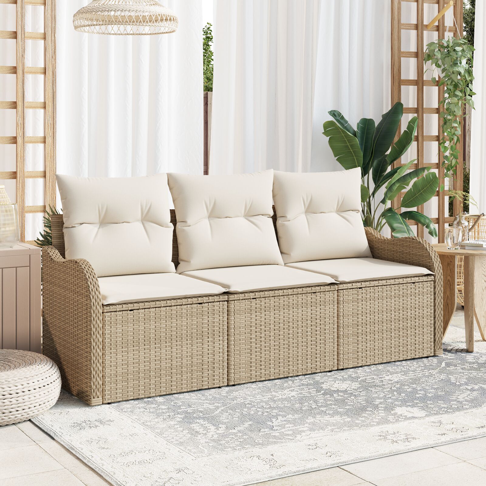 3-teiliges Garten Sofa Set mit Kissen Beige Poly Rattan 3-teiliges Garten Sofa Set mit Kissen Beige Poly Rattan