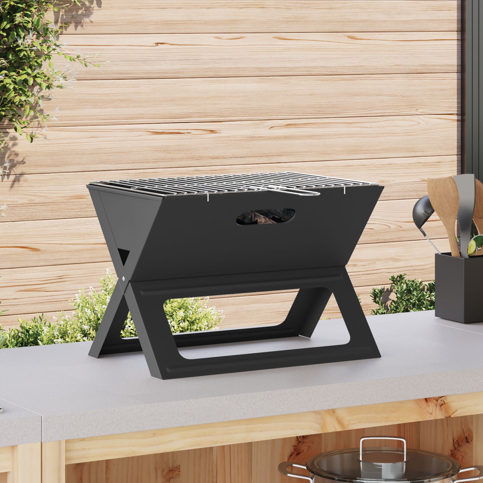 Faltbarer Holzkohle-Grill Schwarz 46x30x31 cm aus Stahl