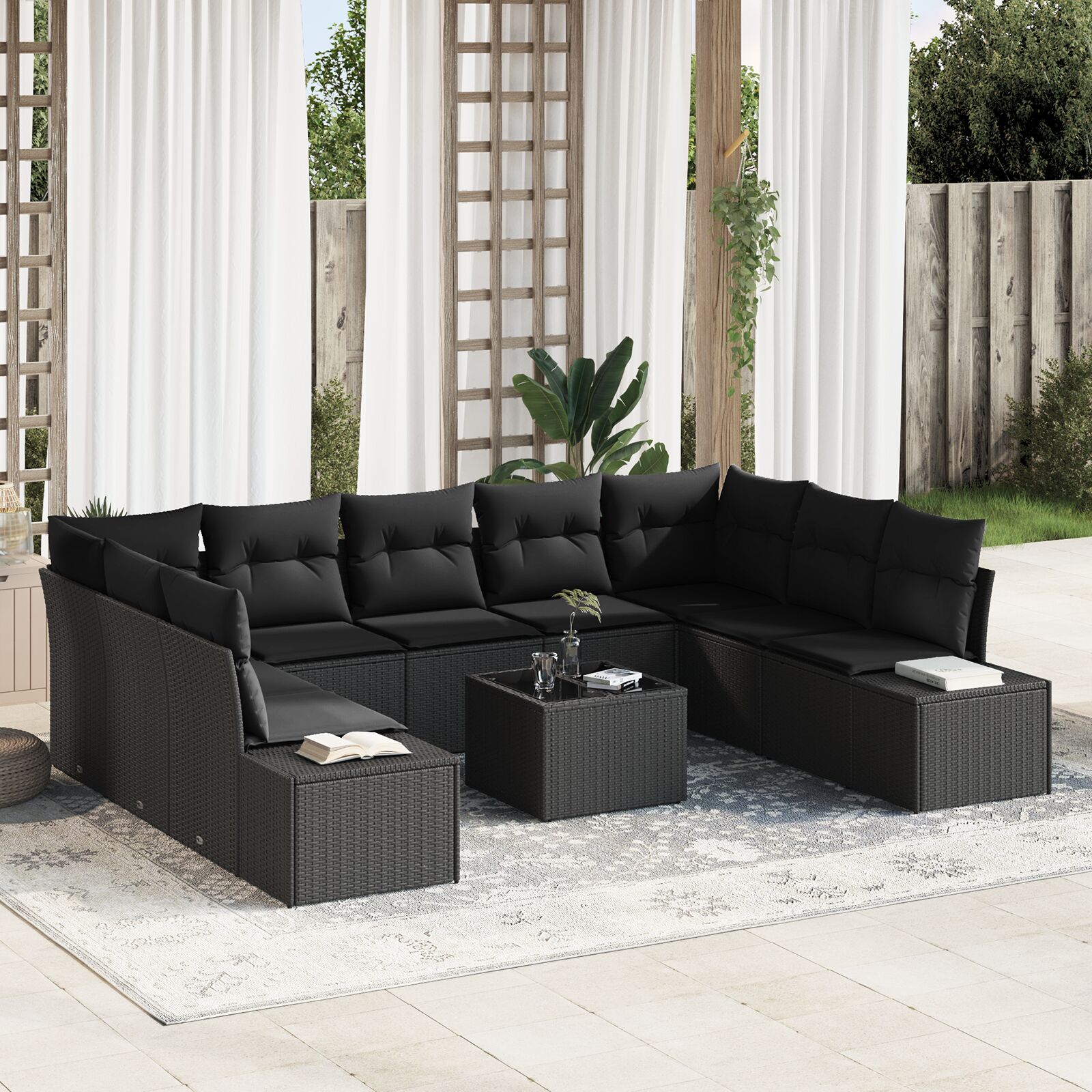 10-teiliges Garten Sofa Set mit Kissen in Beige aus Poly Rattan