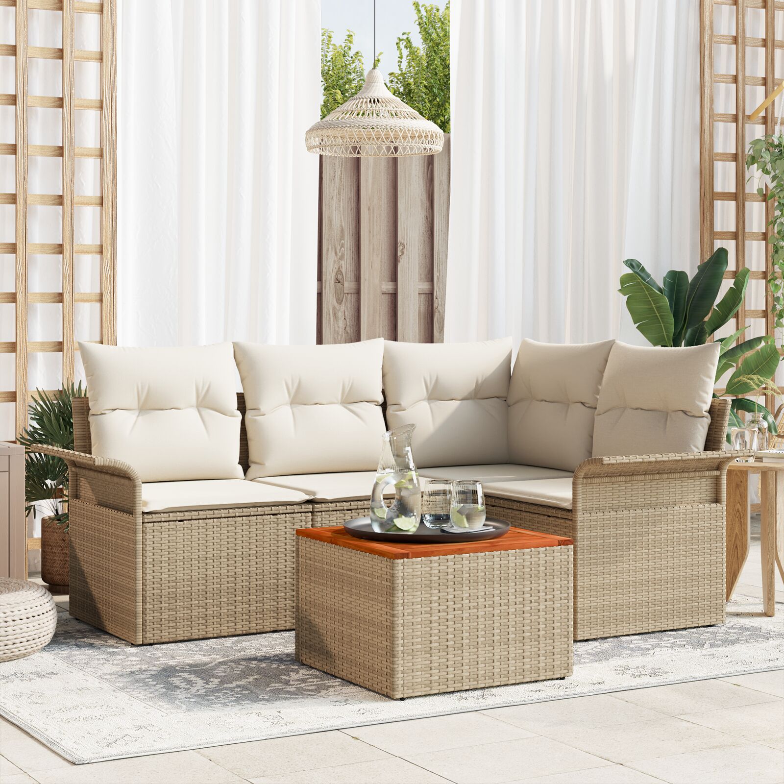 5-teiliges Garten Sofa Set mit Kissen Beige Poly Rattan Akazie 5-teiliges Garten Sofa Set mit Kissen Beige Poly Rattan Akazie