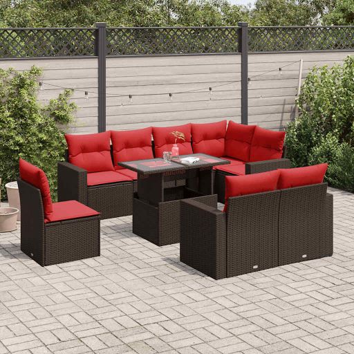 9-teiliges Gartensofa-Set mit Kissen, braun, Polyrattan 9-teiliges Gartensofa-Set mit Kissen, braun, Polyrattan