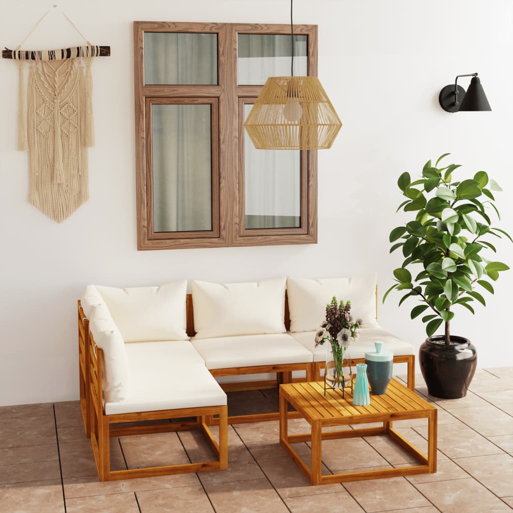 5-tlg. Garten-Lounge-Set mit Auflagen Creme Massivholz Akazie
