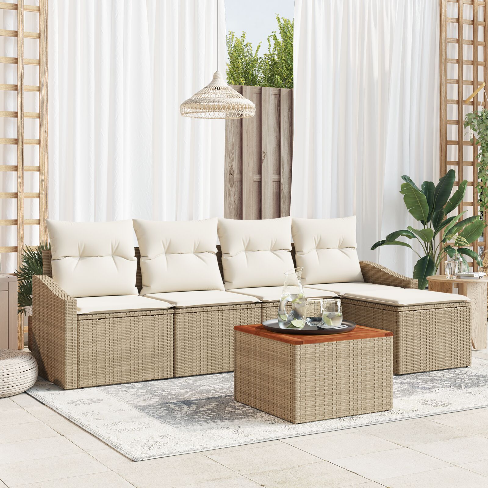 6-teiliges Garten-Sofa-Set mit Kissen Beige Poly-Rattan Akazie