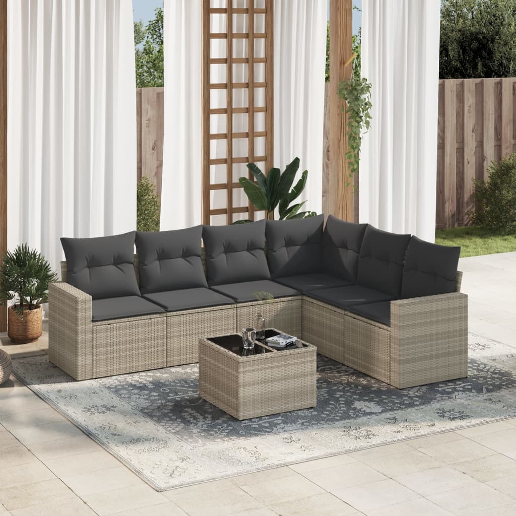 7-tlg. Garten-Sofagarnitur mit Kissen Hellgrau Poly Rattan 7-tlg. Garten-Sofagarnitur mit Kissen Hellgrau Poly Rattan