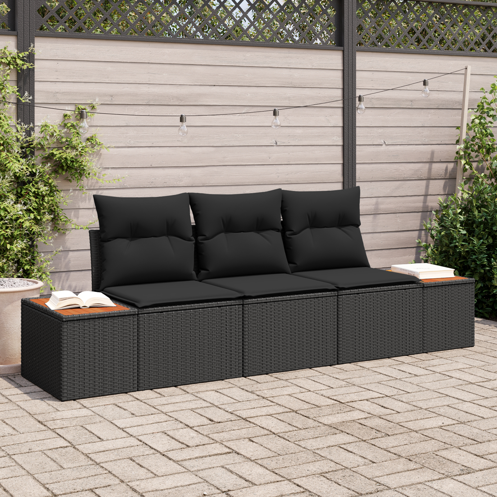 3-teiliges Garten Sofa Set mit Kissen Schwarz Poly Rattan Akazie 3-teiliges Garten Sofa Set mit Kissen Schwarz Poly Rattan Akazie