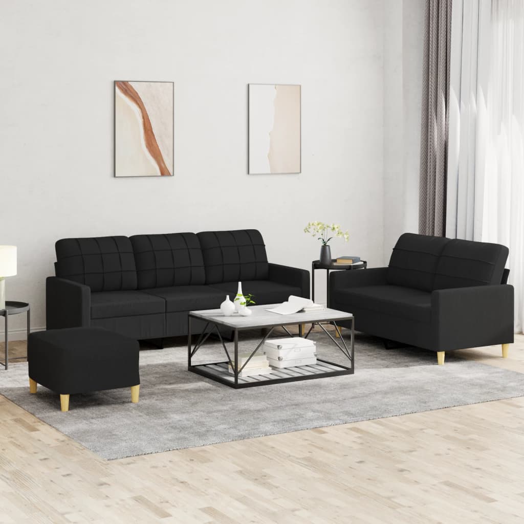 3-tlg. Sofagarnitur mit Kissen Schwarz Stoff 3-tlg. Sofagarnitur mit Kissen Schwarz Stoff