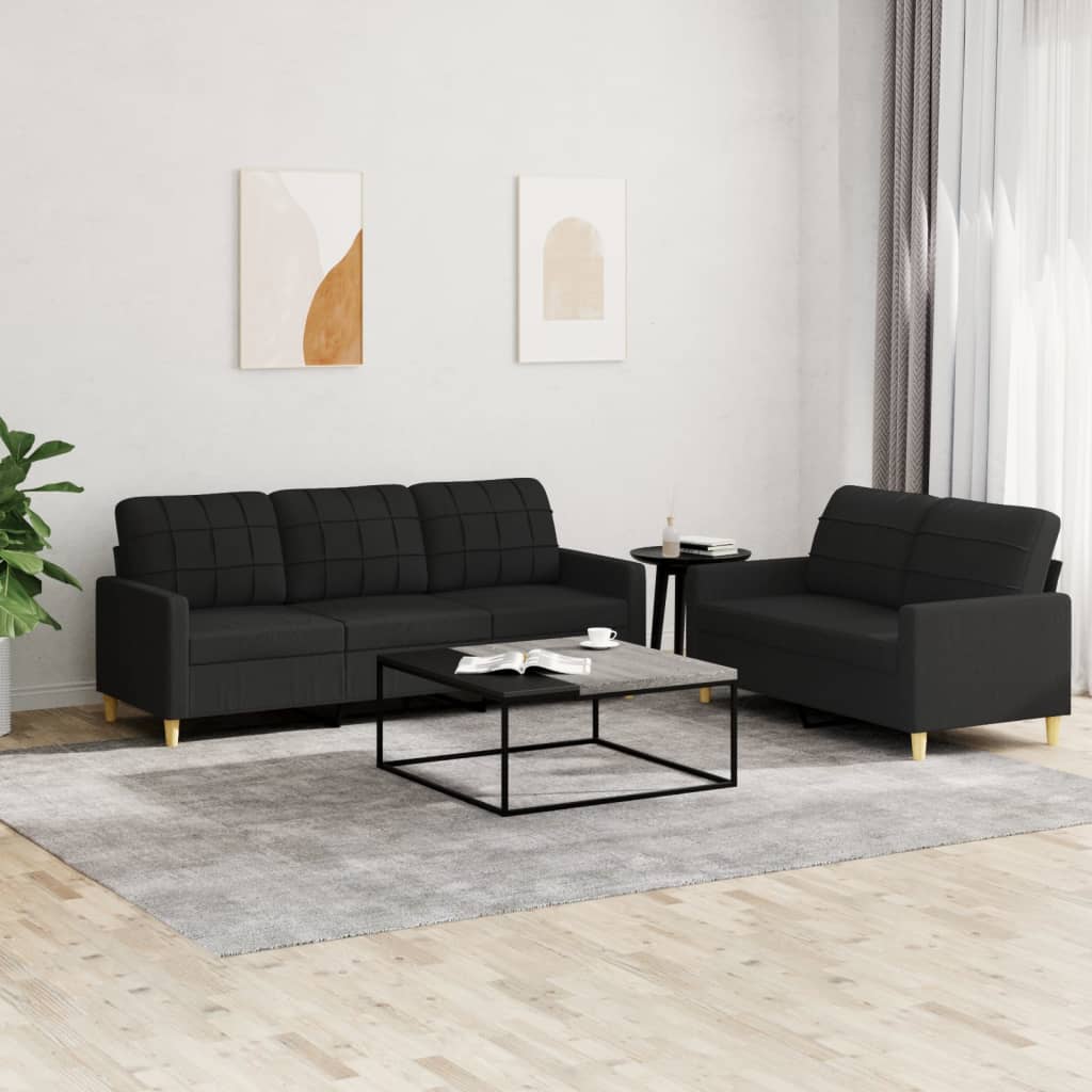 2-tlg. Sofagarnitur mit Kissen Schwarz Stoff 2-tlg. Sofagarnitur mit Kissen Schwarz Stoff