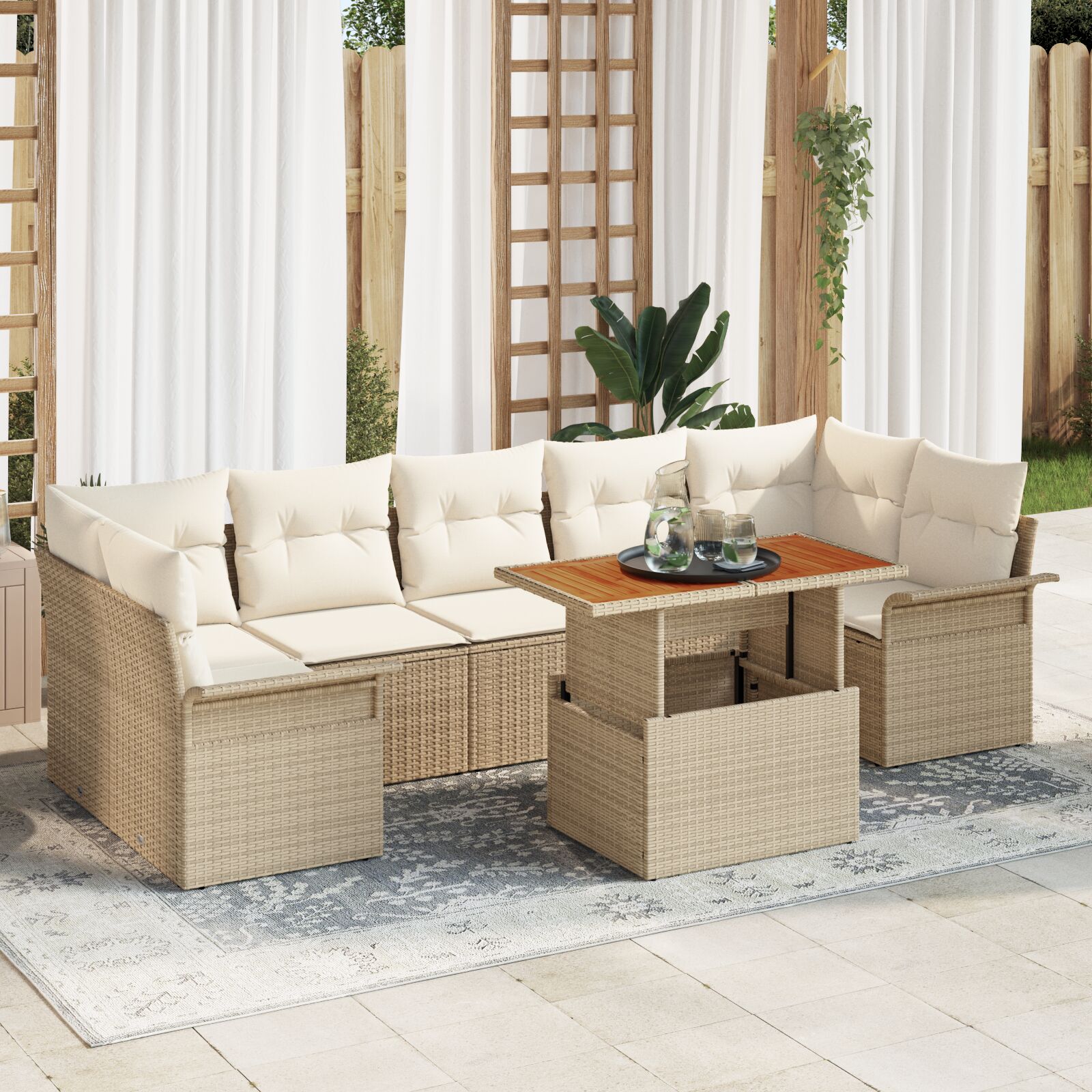 8-teiliges Garten Sofa Set mit Kissen Beige Poly Rattan Akazie