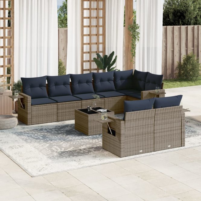 9-teiliges Gartensofa-Set mit Kissen, grau, Polyrattan 9-teiliges Gartensofa-Set mit Kissen, grau, Polyrattan