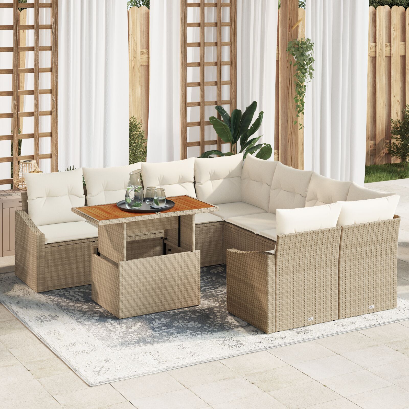 9-teiliges Garten Essset mit Kissen Beige Poly Rattan Akazie 9-teiliges Garten Essset mit Kissen Beige Poly Rattan Akazie