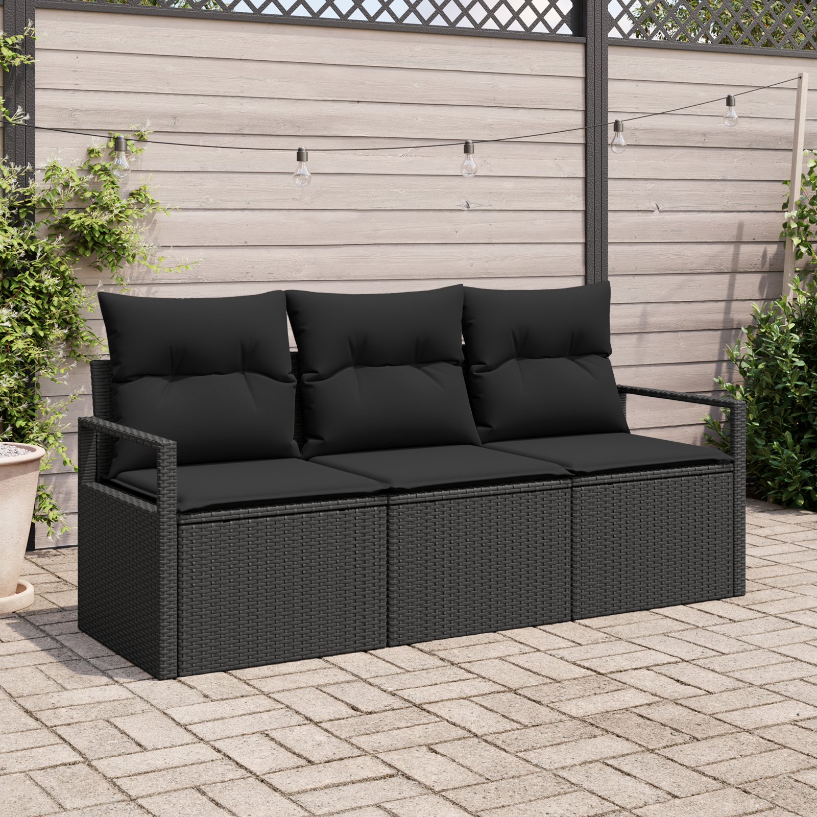 3-teiliges Garten Sofa Set mit Kissen Schwarz Poly Rattan 3-teiliges Garten Sofa Set mit Kissen Schwarz Poly Rattan