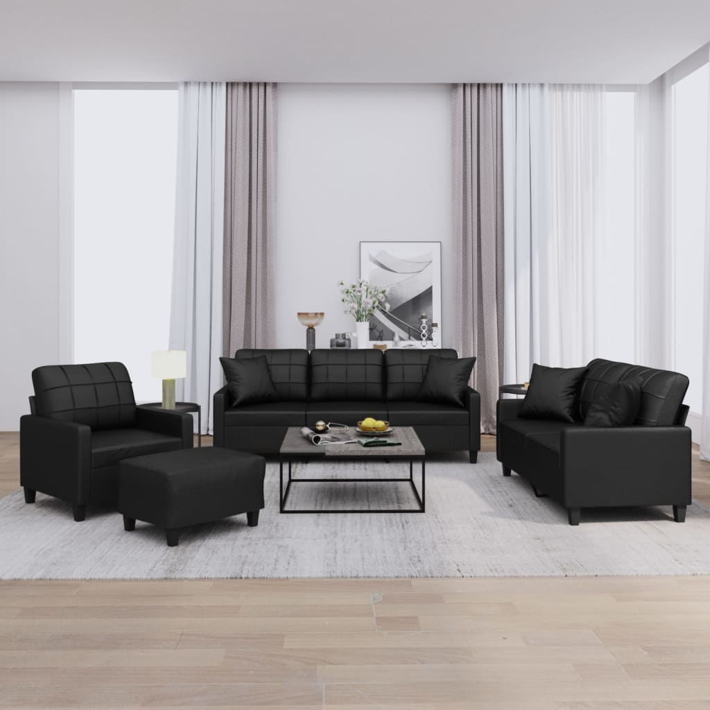 4-tlg. Sofagarnitur mit Kissen Schwarz Kunstleder 4-tlg. Sofagarnitur mit Kissen Schwarz Kunstleder