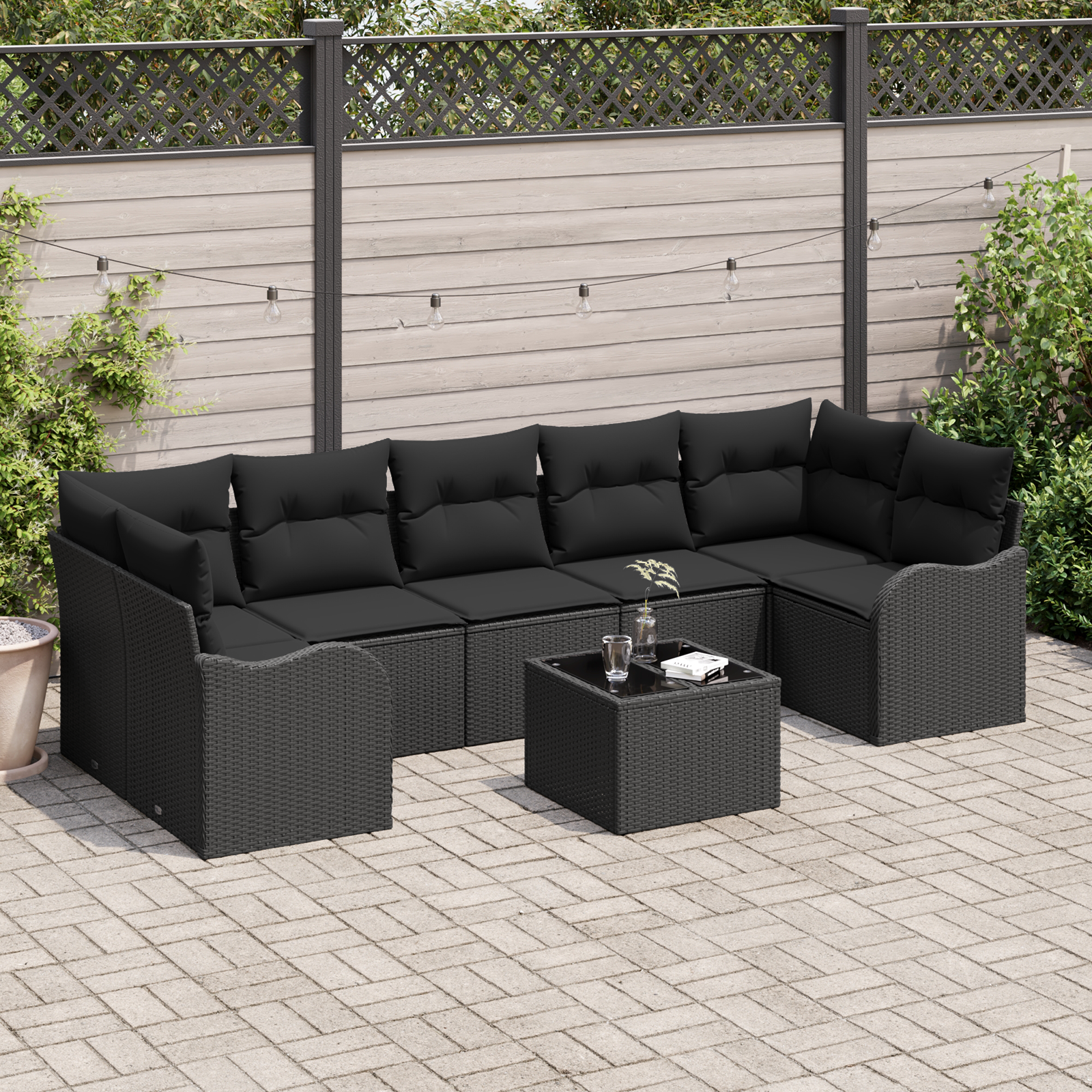 8-teiliges Garten Sofa Set mit Kissen Schwarz Poly Rattan 8-teiliges Garten Sofa Set mit Kissen Schwarz Poly Rattan