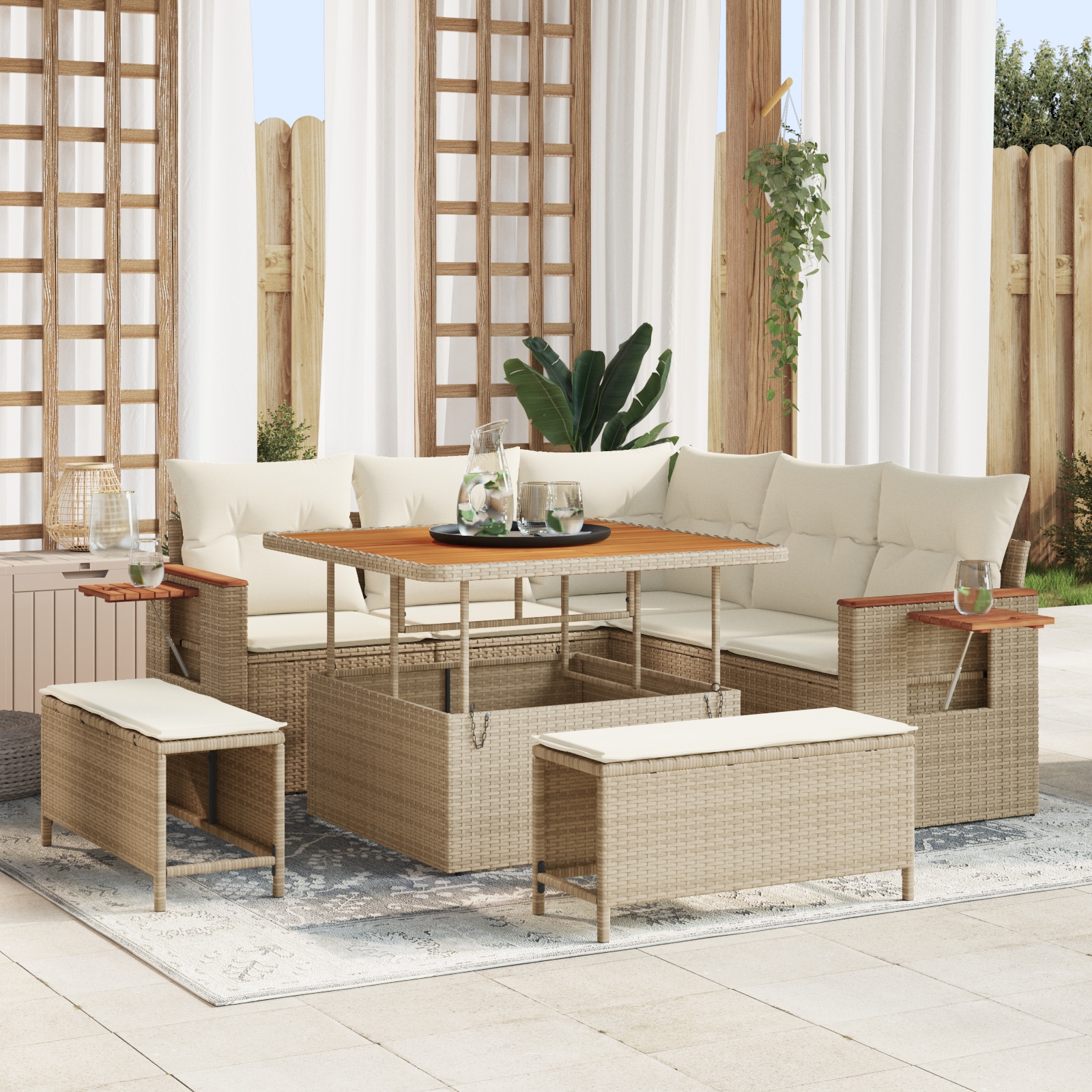 8-teiliges Garten Sofa Set mit Kissen Beige Poly Rattan Akazie 8-teiliges Garten Sofa Set mit Kissen Beige Poly Rattan Akazie
