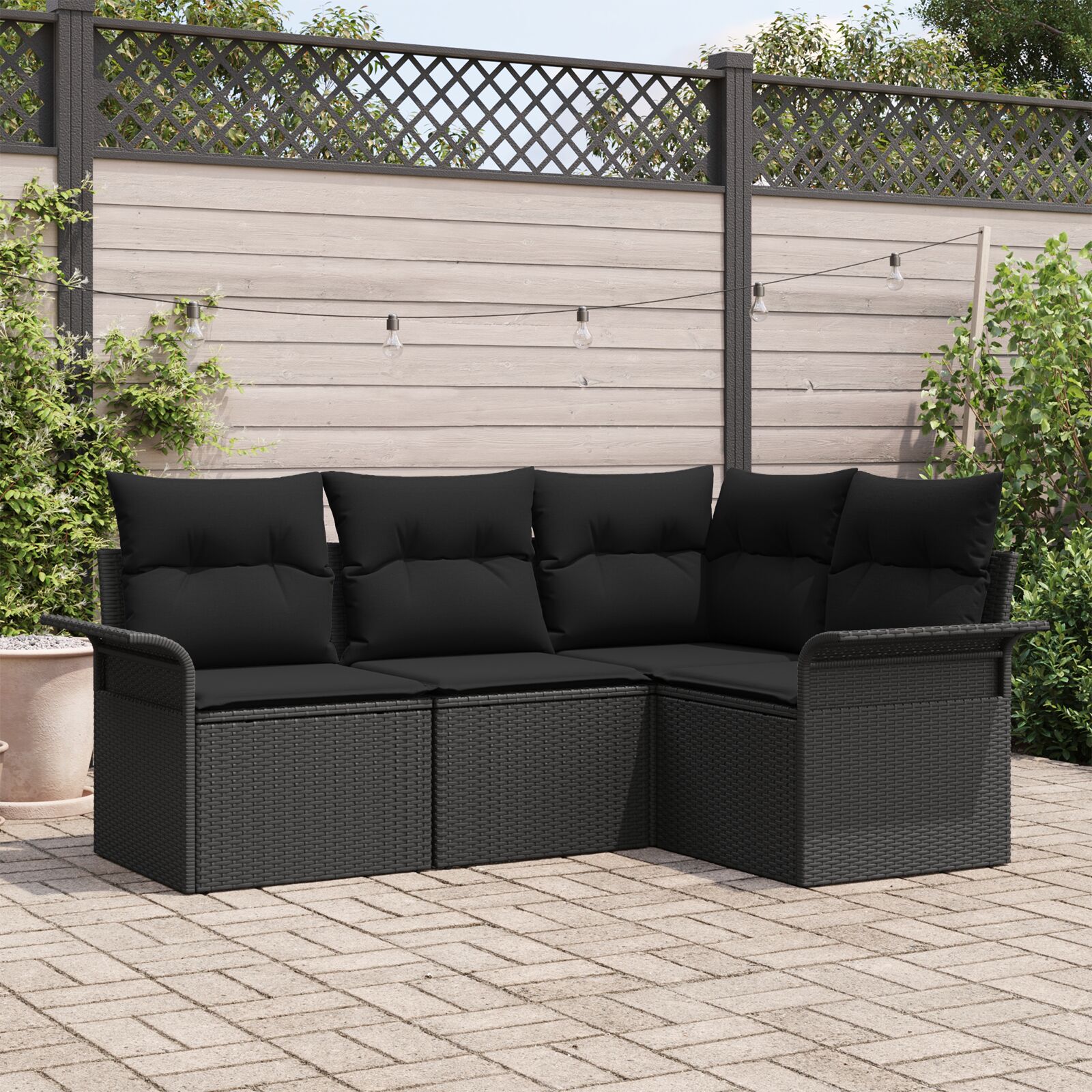 4-teiliges Garten Sofa Set mit Kissen Schwarz Poly Rattan 4-teiliges Garten Sofa Set mit Kissen Schwarz Poly Rattan