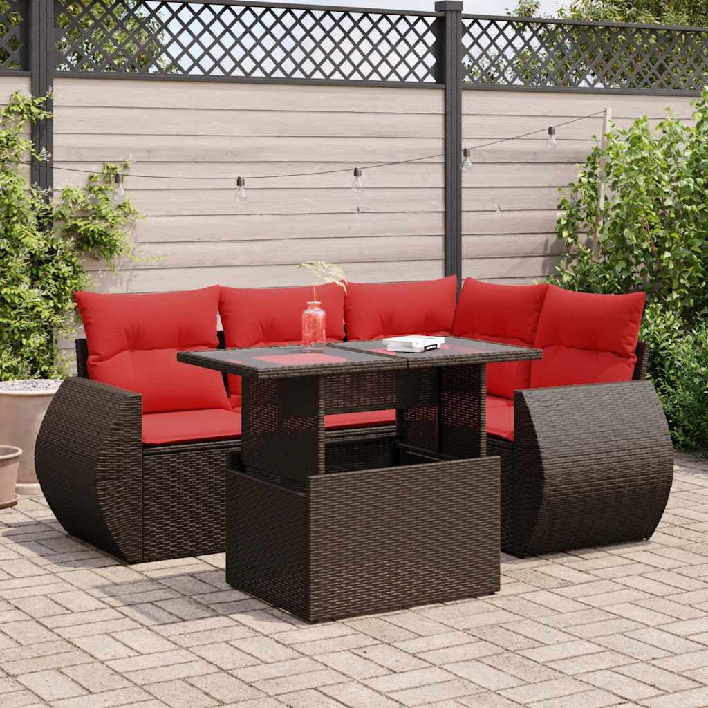 5-tlg. Garten-Sofagarnitur mit Kissen Braun Poly Rattan Akazie 5-tlg. Garten-Sofagarnitur mit Kissen Braun Poly Rattan Akazie