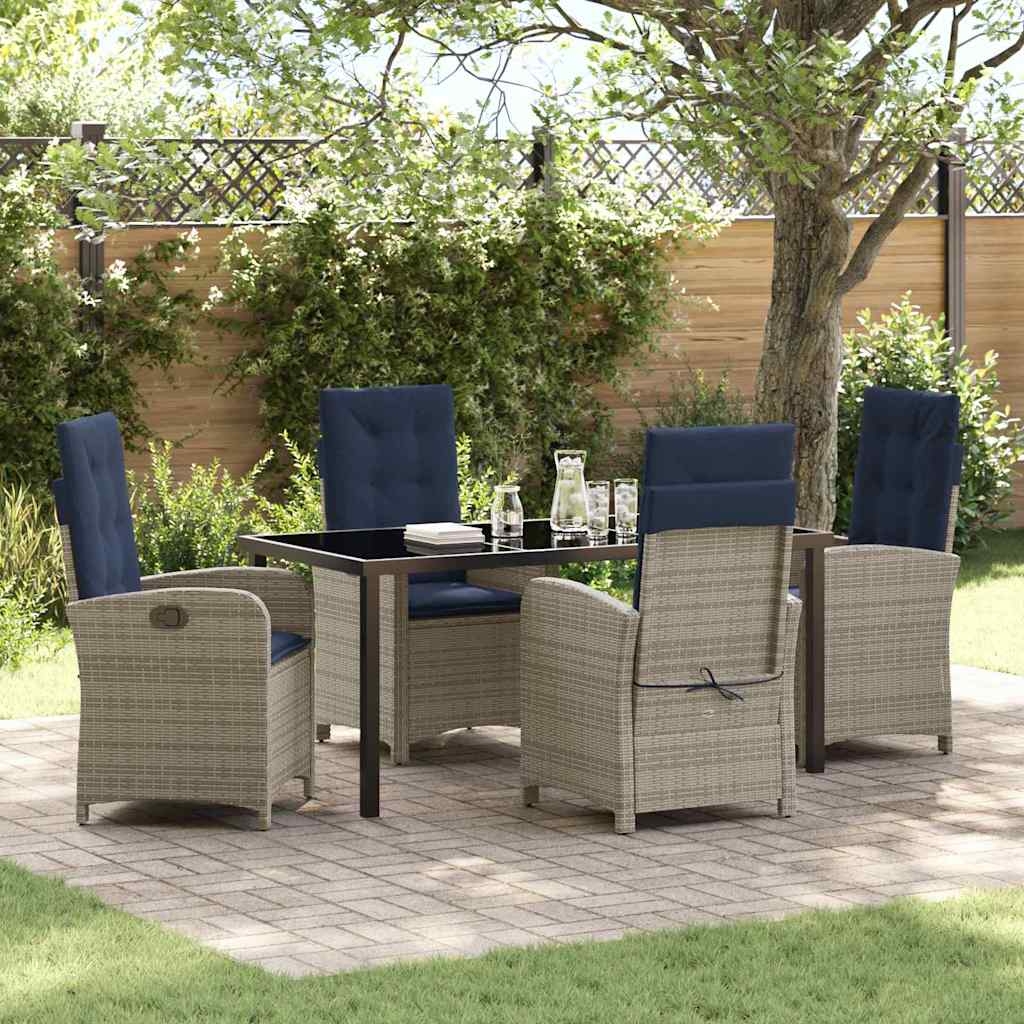 5-teiliges Garten-Esszimmer-Set mit Kissen aus grauem Poly-Rattan. 5-teiliges Garten-Esszimmer-Set mit Kissen aus grauem Poly-Rattan.