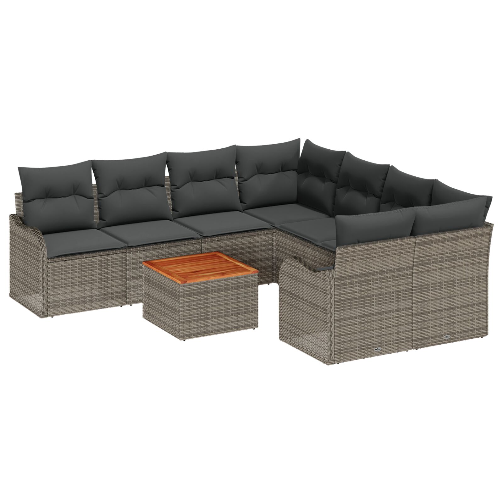 9-Teiliges Garten Sofa Set mit Kissen in Grau Poly Rattan und Akazie, 2-Sitzer Garten Sofa mit Stauraum & Kissen in Grau Poly Rattan
